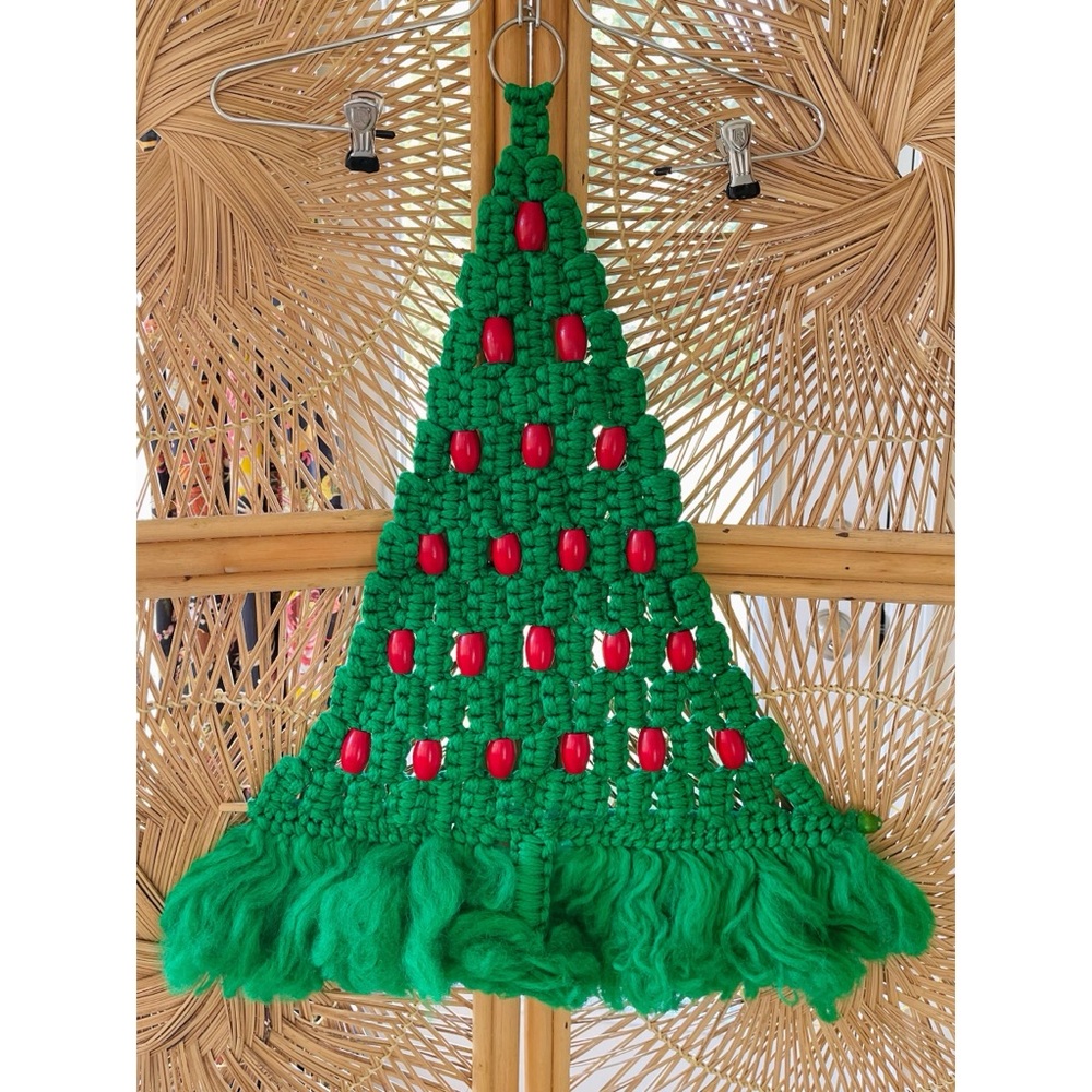 Vintage Retro Green Macrame Red Beaded Christmas Tree Wall Hanging